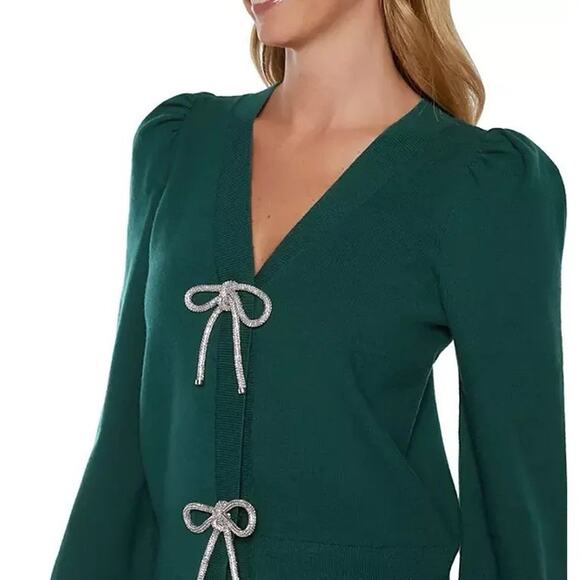 Women's Express Bow Cardigan V-neck Sweater Long Sleeves June Bug Dark Green 2XL - Picture 2 of 12
